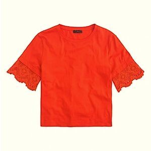 J Crew neck Lace embroidered Sleeve blouse Tee Sunset red orange cotton S